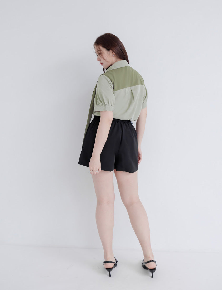 MISS. Faux Two-Piece Color-Block Bow Puff Sleeve Plus Size Blouse