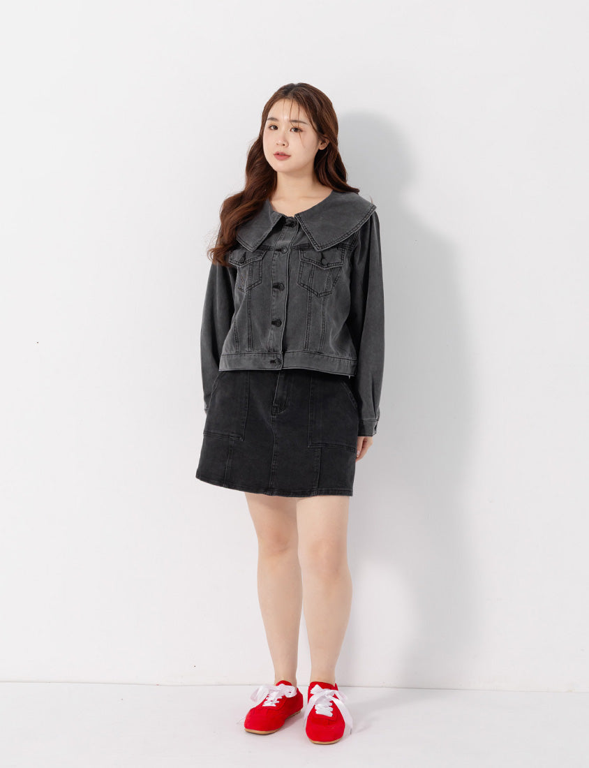 Korean Style Statement Collar Button-Down Plus Size Denim Jacket