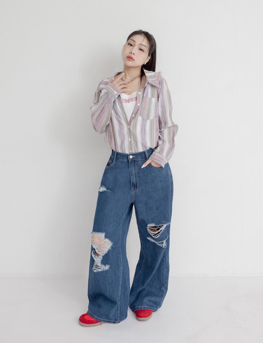 MUA! Tie-Dye Contrast Stripe Long Sleeve Plus Size Shirt