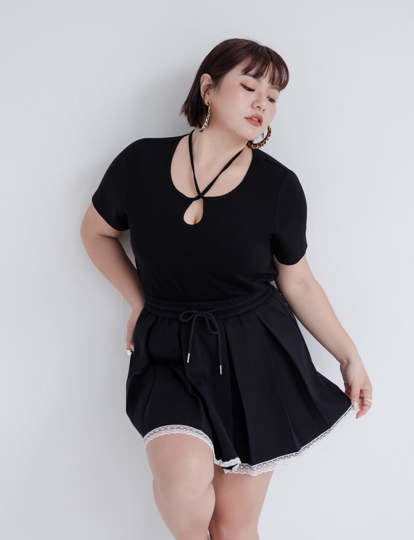 MUA! Pleated Lace-Trim Elastic Drawstring Plus Size Cotton Skirt (with Inner Shorts)