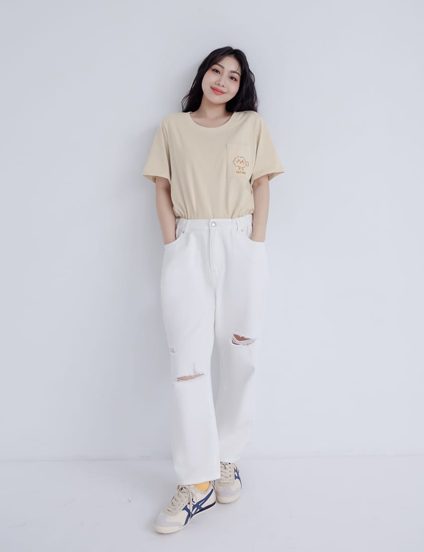 Distressed Side Elastic Waist Plus Size Boyfriend Jeans