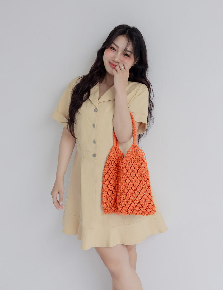 Twill Cuban Collar Cargo Ruffle Hem Plus Size Mini Dress