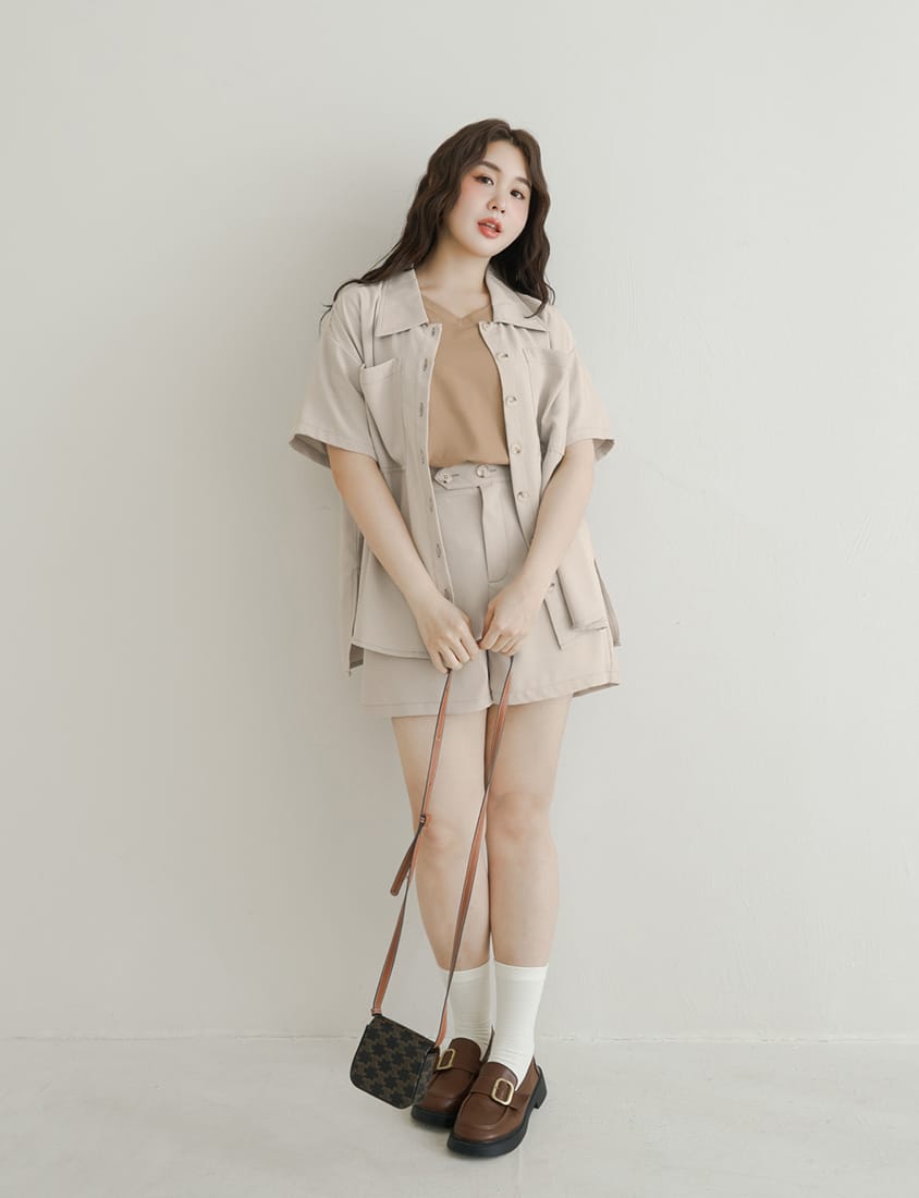Color-Block Stitching Waistband Twill Plus Size Shorts