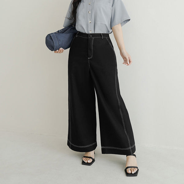 Color-Block Stitched Twill Cotton Straight-Leg Plus Size Pants
