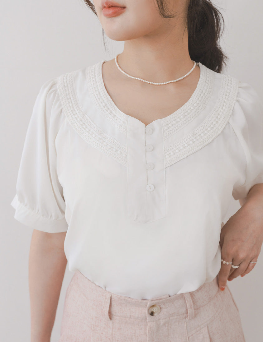 MISS. V-Neck Lace Embroidered Plus Size Puff Sleeve Top