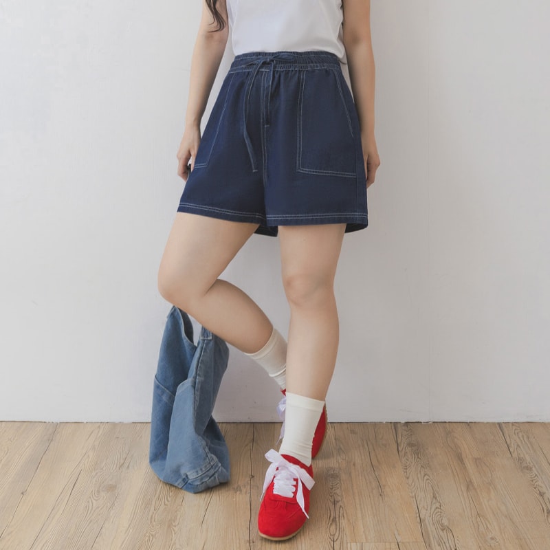 Skin-Friendly Lyocell Silky Denim Contrast Stitch Plus Size Shorts