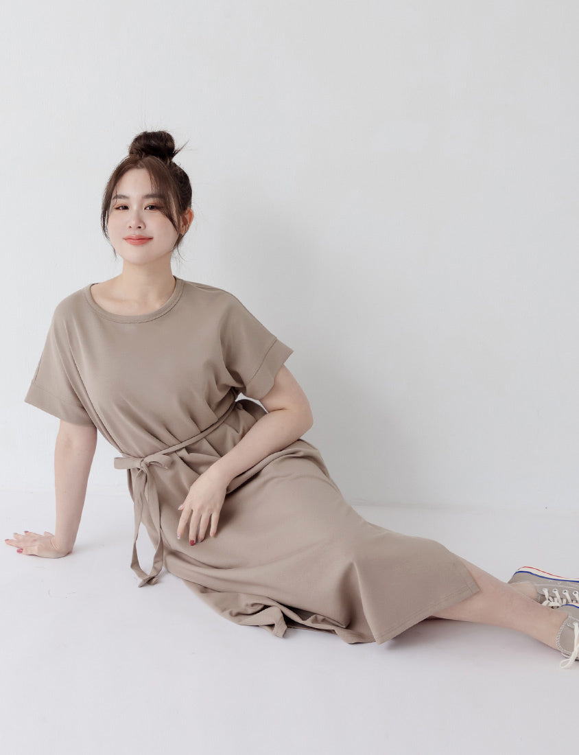 Casual Crew Neck Waist Tie Plus Size Maxi Dress