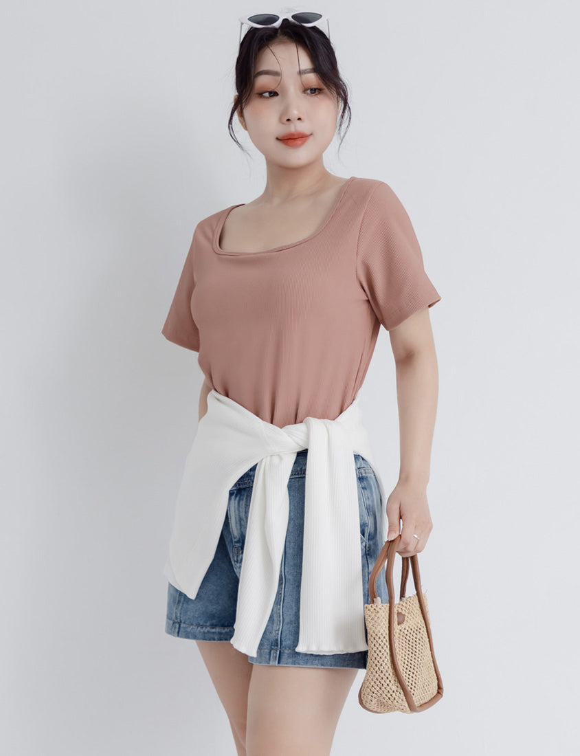 Pobra. Airy Ribbed Square Neck Short Sleeve Plus Size Bra Top