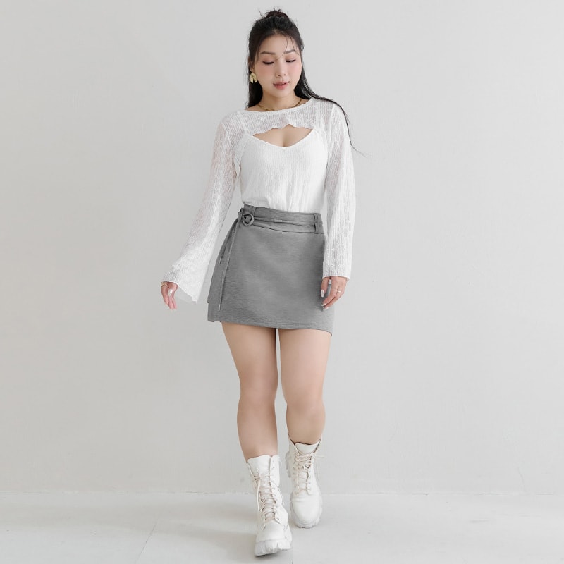 MUA! Cloud Cotton Pleated Slit Plus Size Mini Skirt (With Tie)
