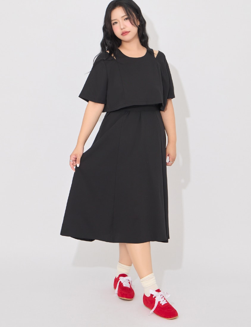 MORE U Wrinkle-Resistant Faux Two-Piece Eyelet Plus Size Dress (with Waist-Tie)