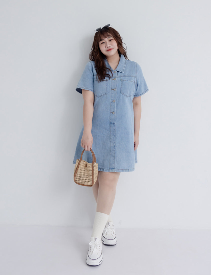 Versatile A-Line Denim Plus Size Shirt Dress