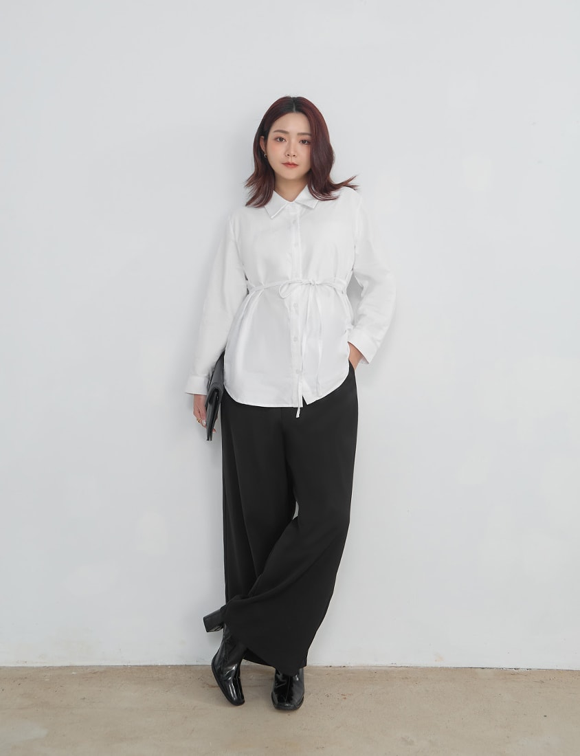 MISS. Korean Oxford Longline Plus Size Shirt (with Waist Tie)