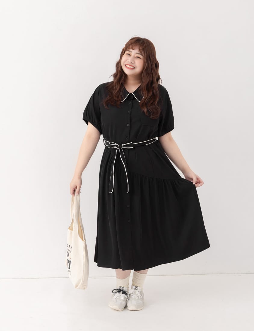 Color-Trimmed Plus Size Puff Sleeve Maxi Dress (With Waist Tie)