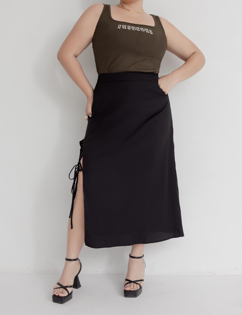 MUA! Hot Side Tie Elastic Back Waist Plus Size Maxi Skirt (with Belt)