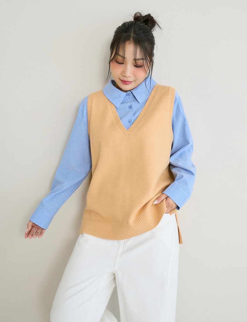 Versatile Multicolor V-Neck Mid-Length Plus Size Knit Vest