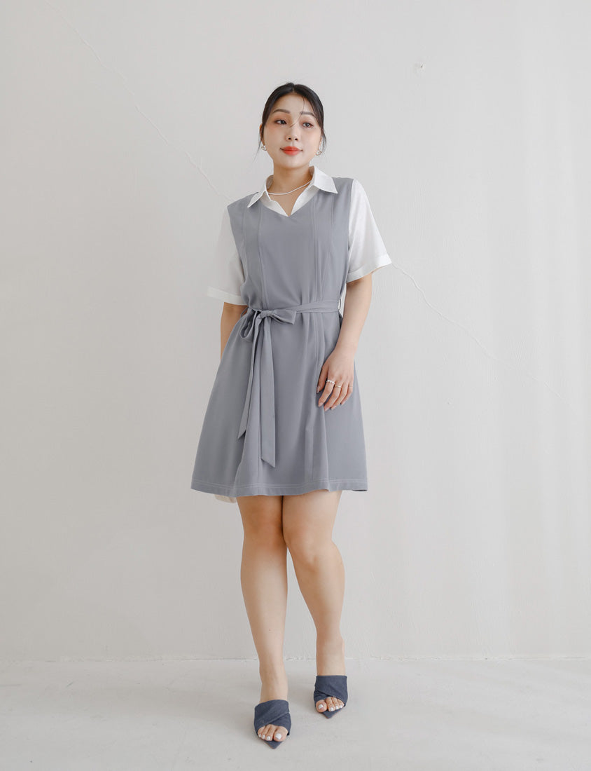 MISS. Faux Two-Piece Color-Block Stitching Plus Size Mini Dress (With Belt)