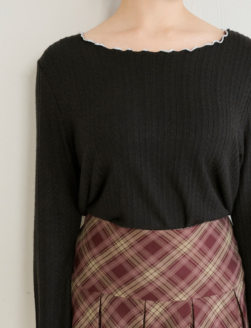 Contrast Lettuce-Edge Jacquard Plus Size Long Sleeve Top