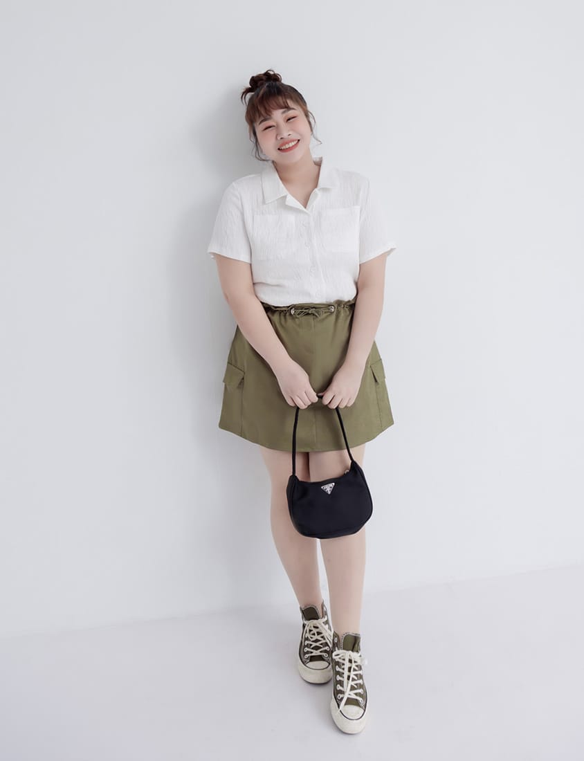 Cuban Collar Crinkled Texture Large Pocket Plus Size Shirt