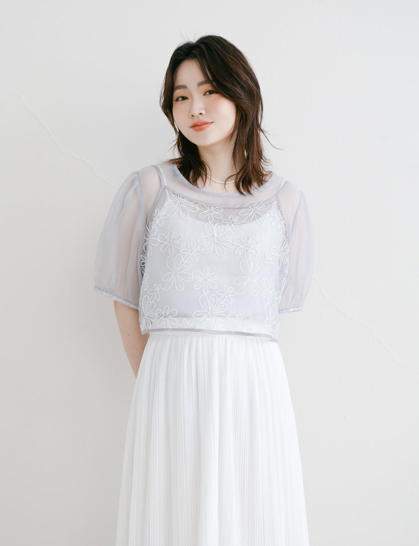 MISS. Sheer Textured Round Neck Puff-Sleeve Plus Size Blouse