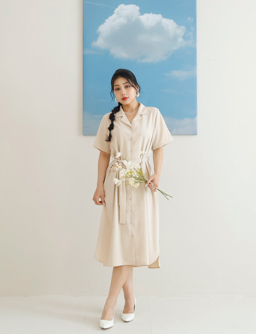 MISS. Cuban Collar Chiffon Button Short Sleeve Dress (with Waist-Tie )