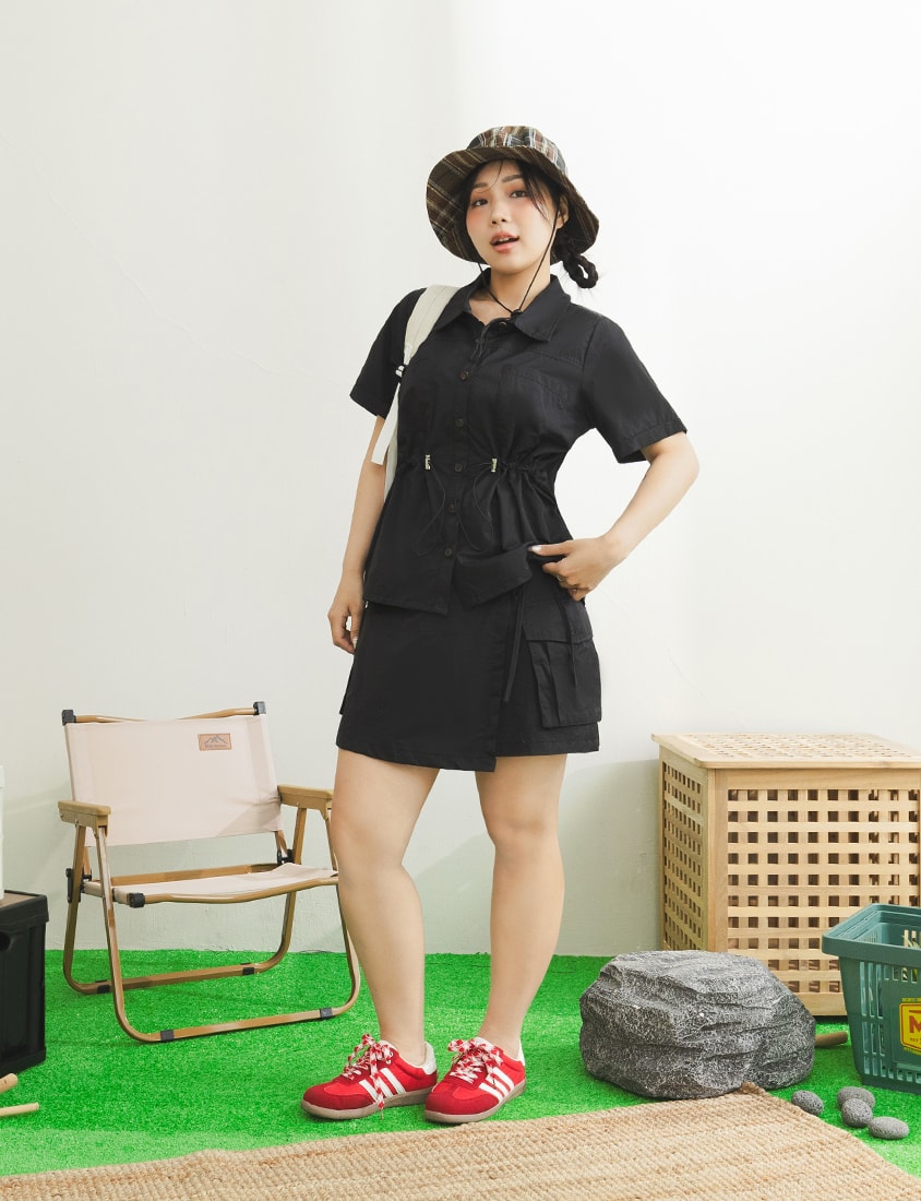 Sweet & Edgy Cargo Side-Tie Pocket Plus Size Mini Skirt  (With Inner Pants)