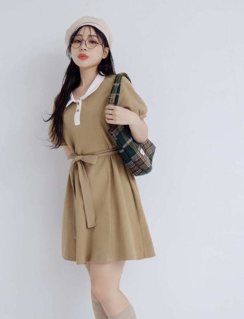 Color-Block Polo Collar Plus Size Mini Dress (With Belt)