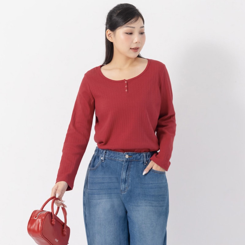 Jacquard Ribbed Button-Front Plus Size Crewneck Top