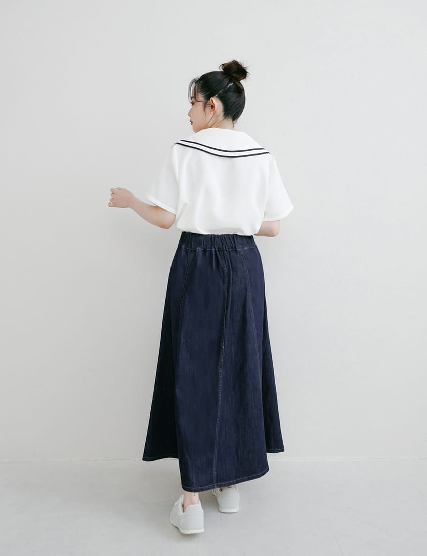 Lyocell Silky Denim Elastic Back Flare Plus Size Maxi Skirt