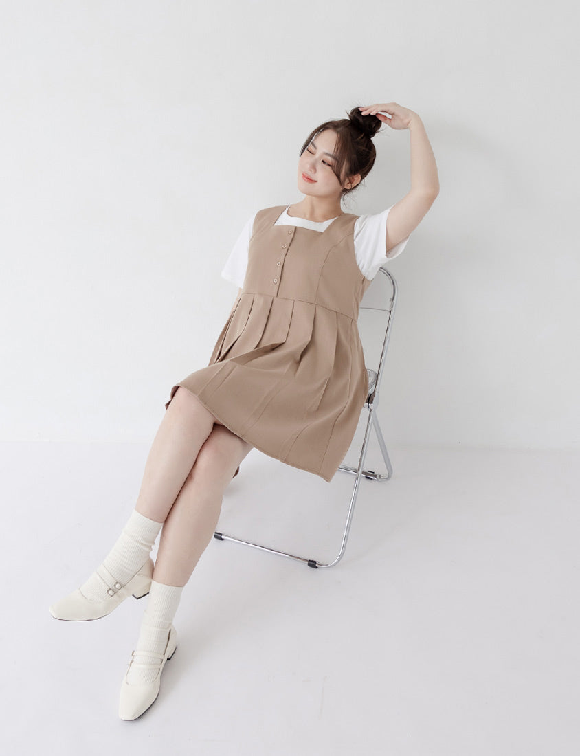 Square Neck Button Pleated Plus Size Mini Dress