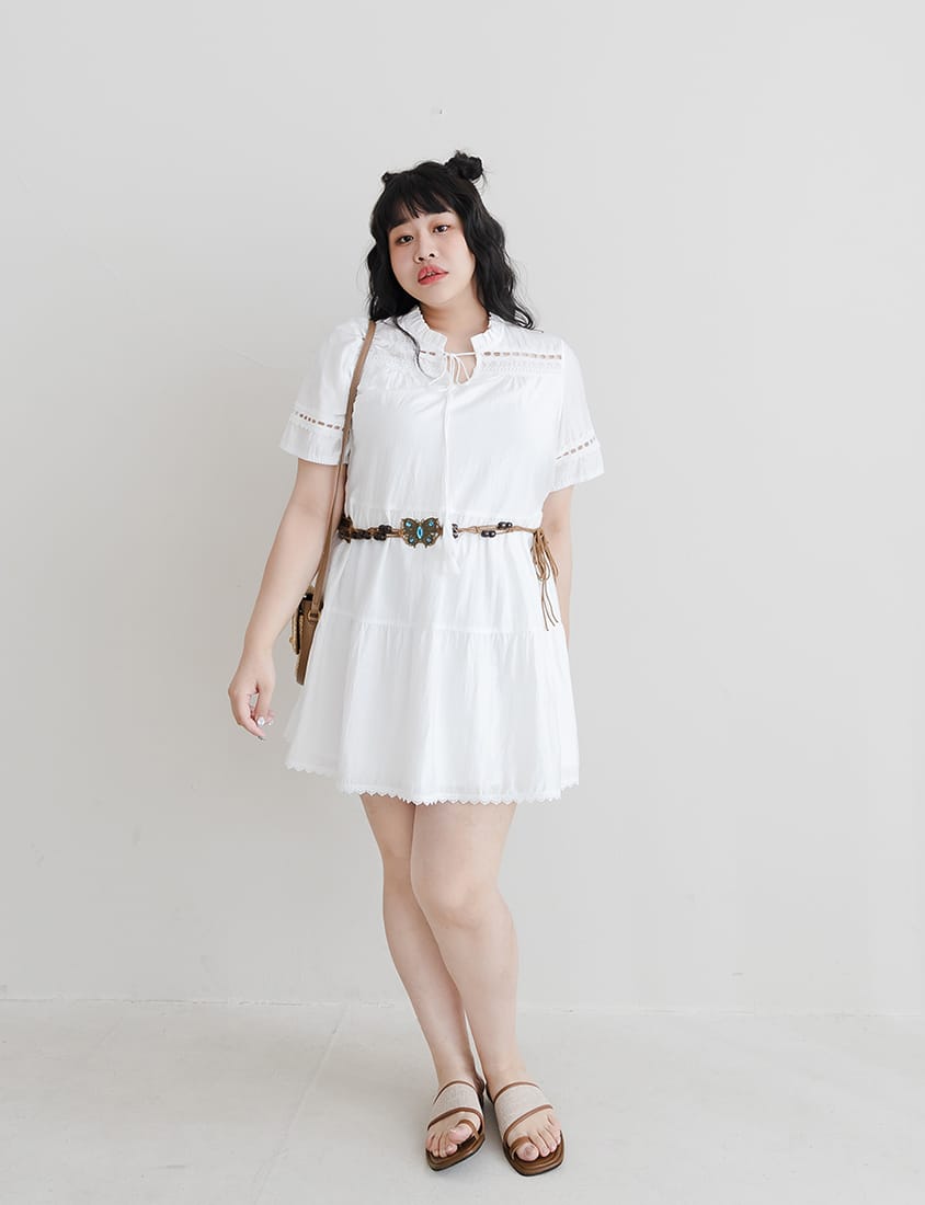 Intricate Lace Tie-Waist Flare Plus Size Mini Dress