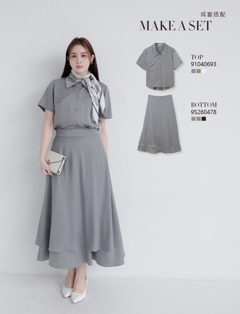 MISS. Elegant Pleat-Back Satin Plus Size Pocket Shirt