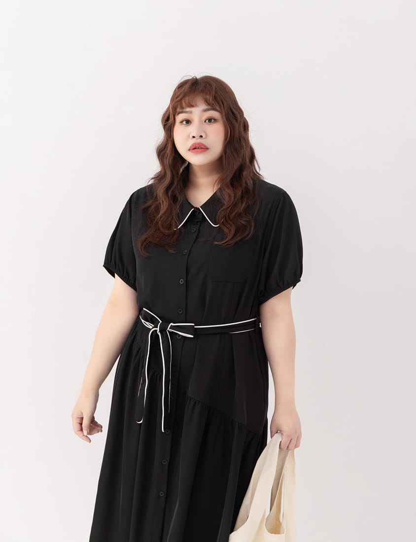Color-Trimmed Plus Size Puff Sleeve Maxi Dress (With Waist Tie)