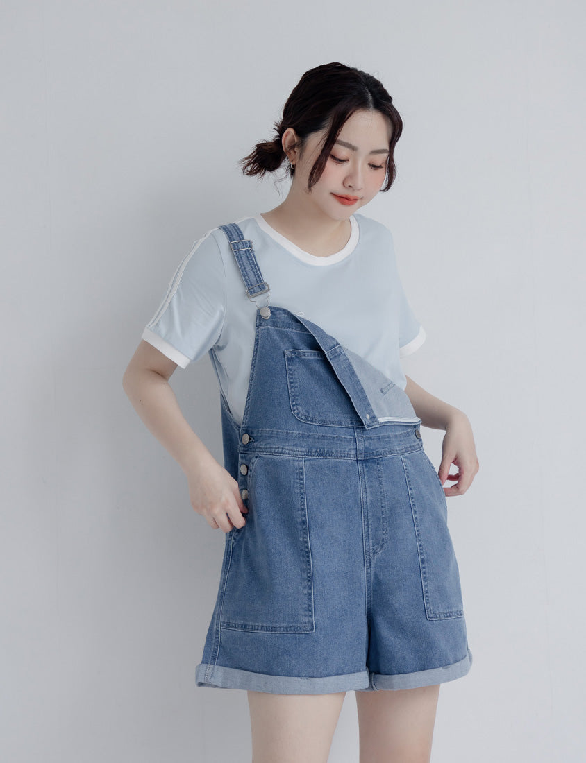 Adjustable Cuffed Denim Plus Size Overall Shorts