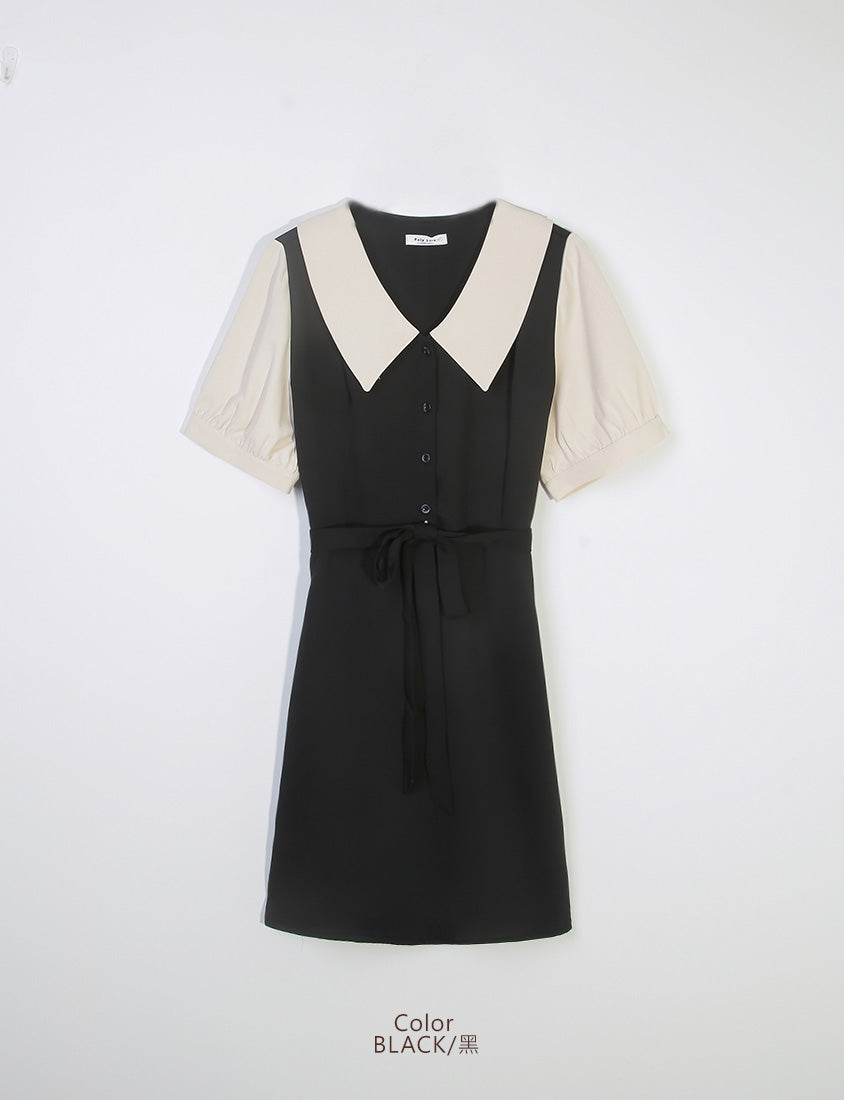 Layered-Look Contrast Collar Plus Size Mini Dress (with Belt)