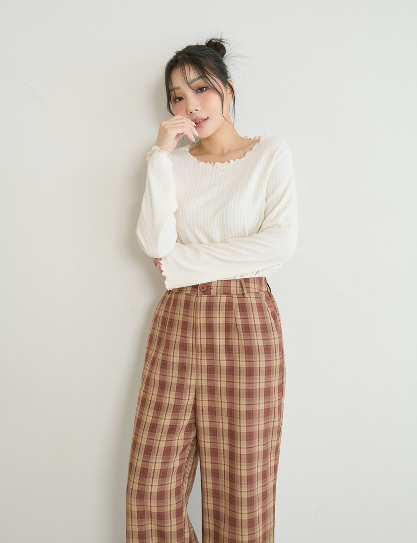 Contrast Lettuce-Edge Jacquard Plus Size Long Sleeve Top