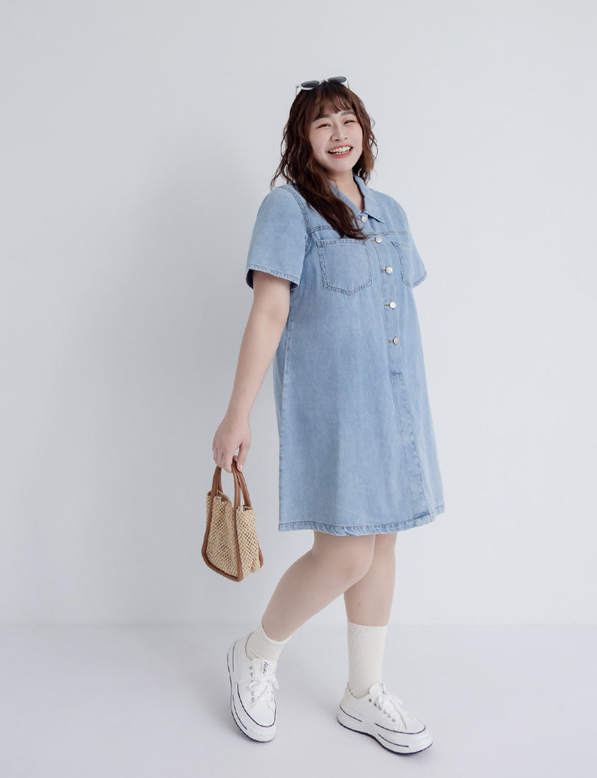 Versatile A-Line Denim Plus Size Shirt Dress