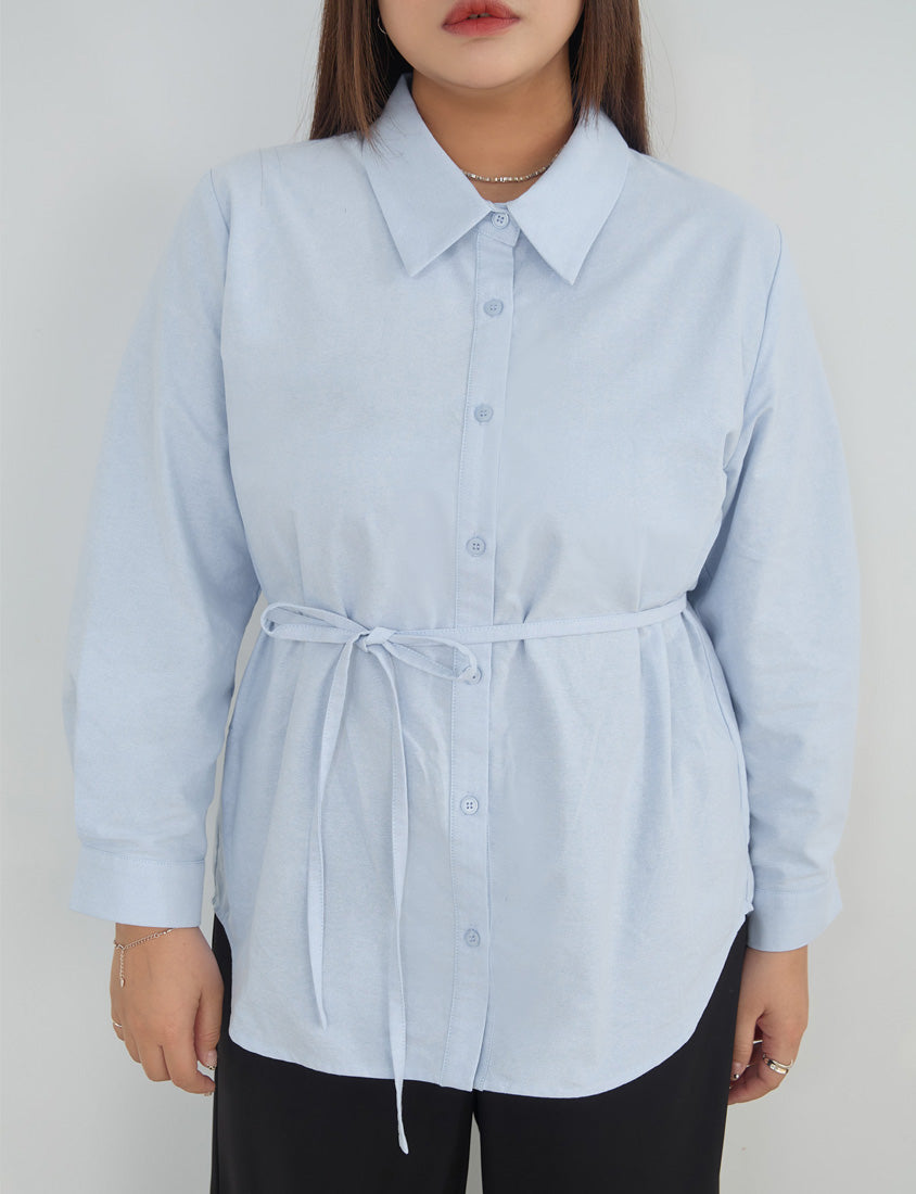 MISS. Korean Oxford Longline Plus Size Shirt (with Waist Tie)