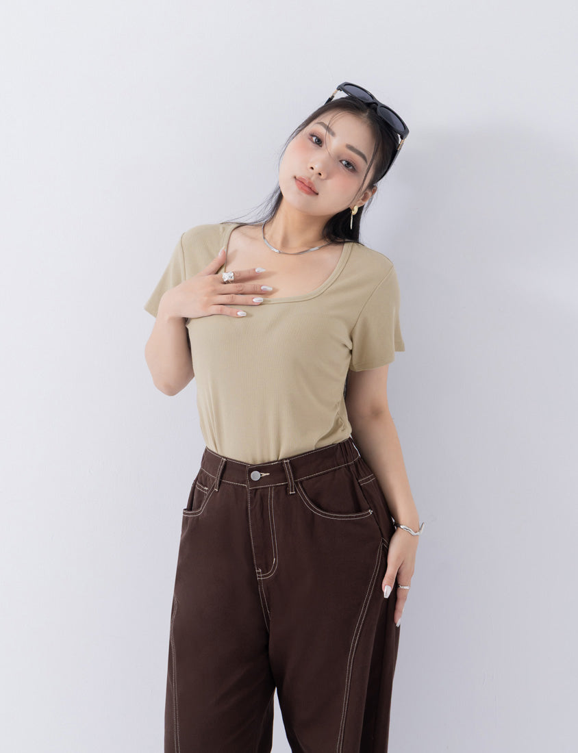 MUA! Ribbed Square Neck Side-Ruched Plus Size Top
