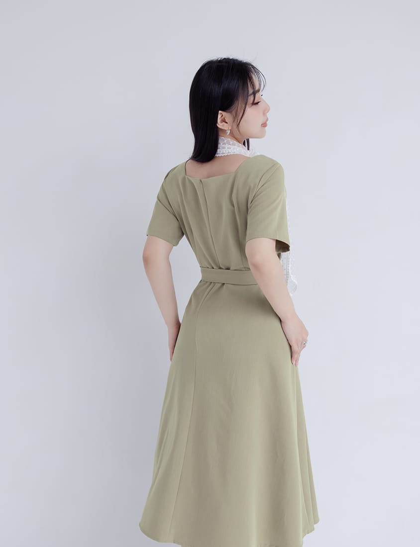 MISS. Square Neck Faux Button Elegant Plus Size Long Dress (With Belt)