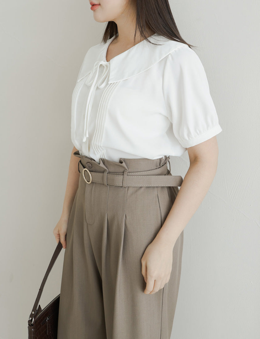 MISS. Sweet Pleated Lapel Collar Plus Size Puff Sleeve Blouse
