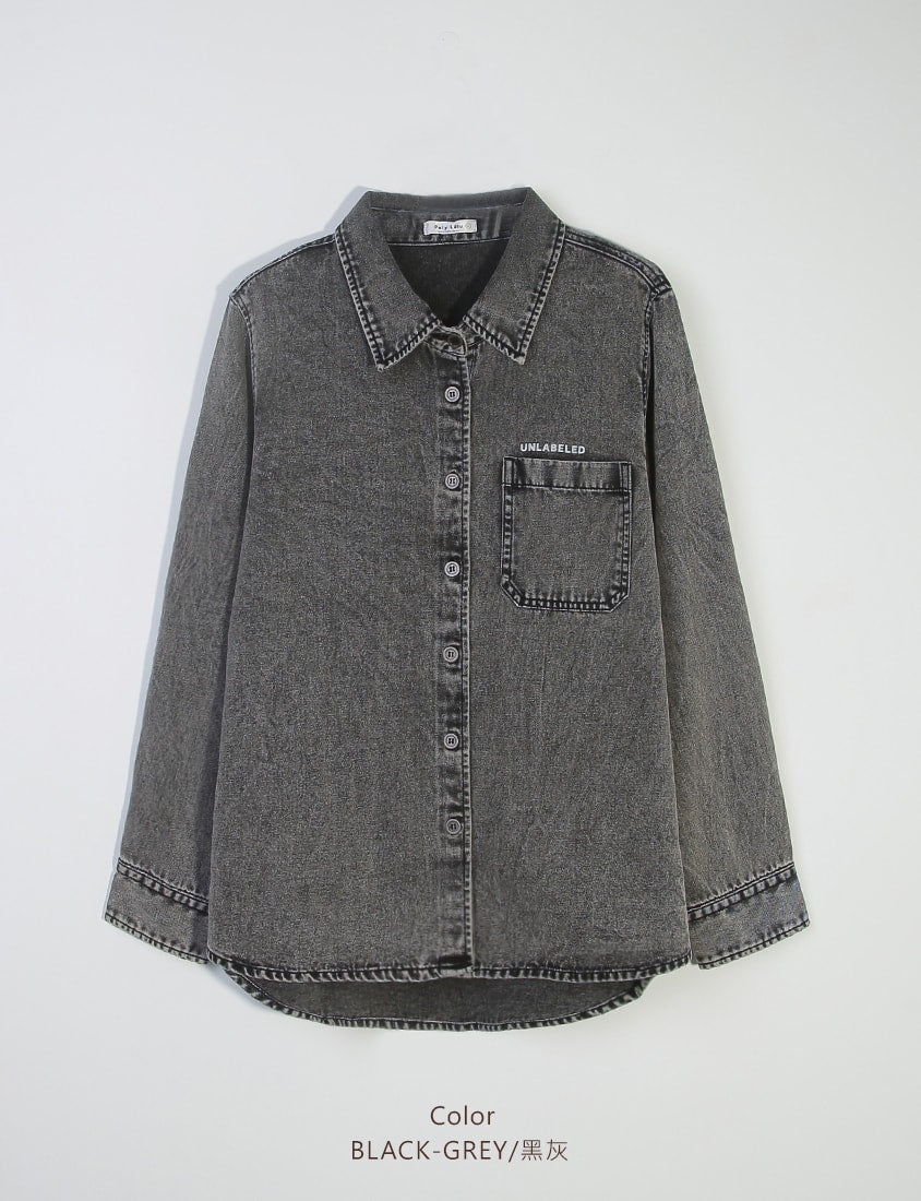 Washed Graphic Oversized Denim Plus Size Long Sleeve Shirt (Unisex)