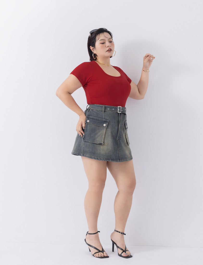 MUA! Washed Denim Plus Size Utility Skort with Belt