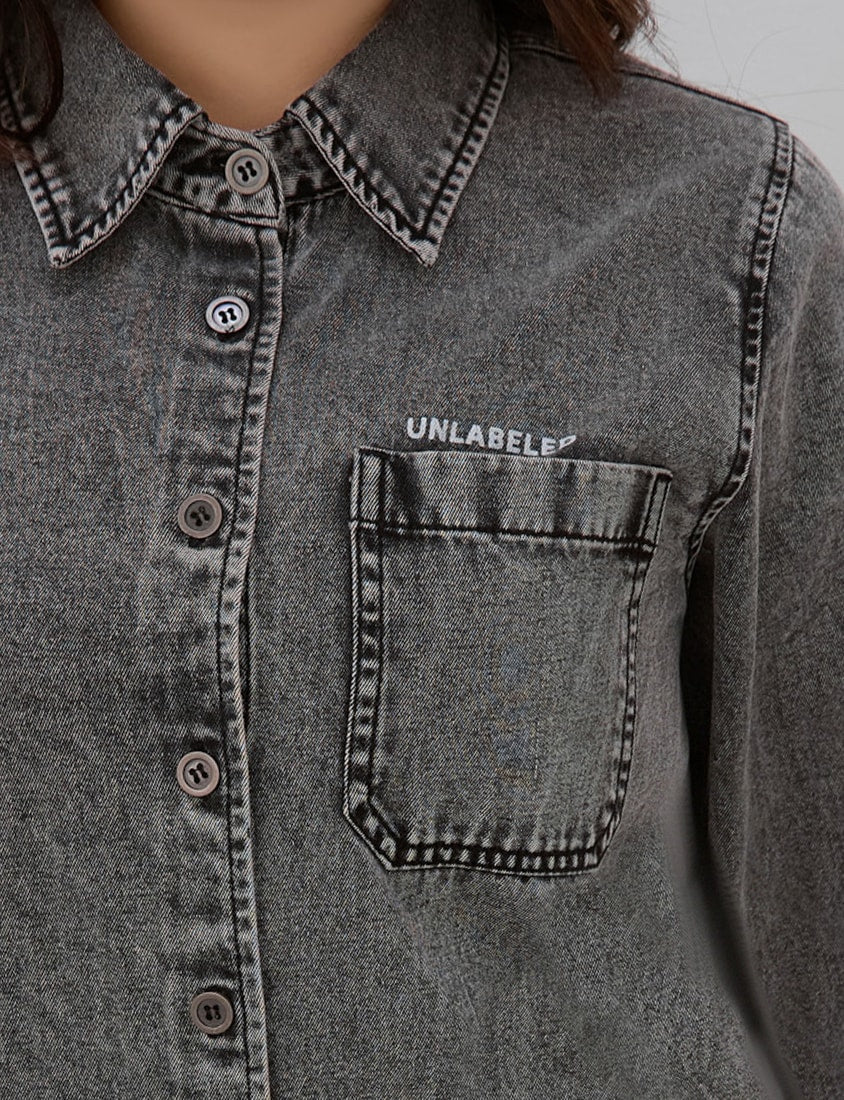 Washed Graphic Oversized Denim Plus Size Long Sleeve Shirt (Unisex)