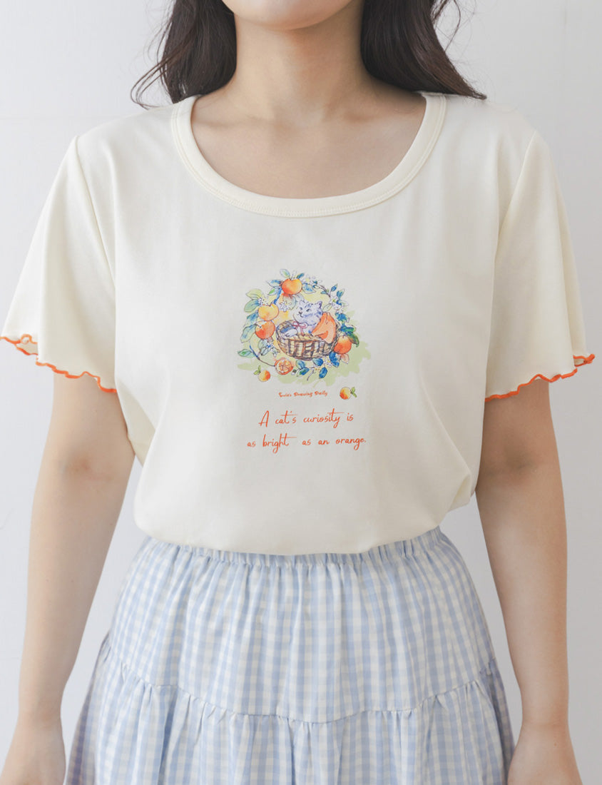 Crew Neck Contrast Ruffle Trim Plus Size Graphic Tee (Illustrator Collaboration)
