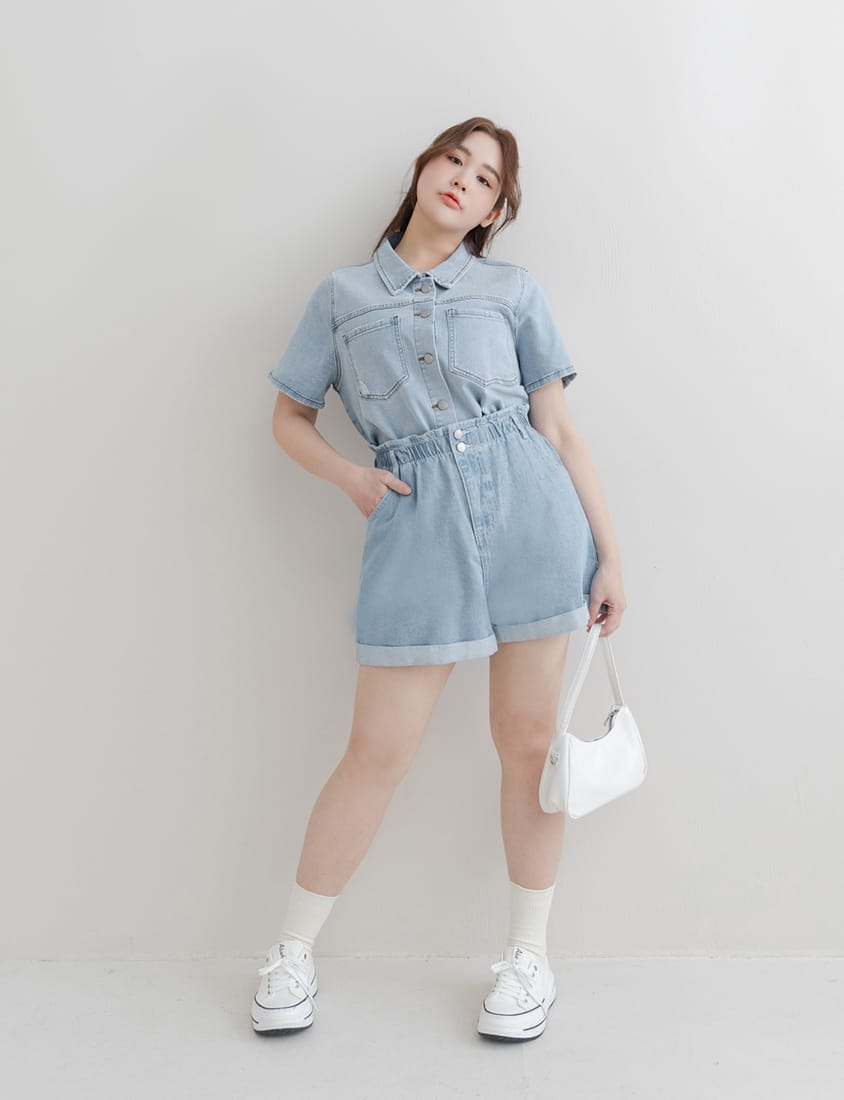 Versatile Pocket Distressed Plus Size Denim Jacket