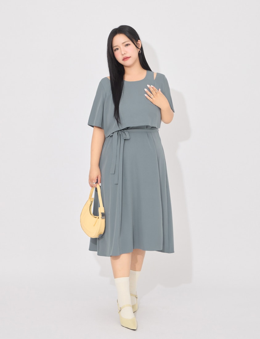 MORE U Wrinkle-Resistant Faux Two-Piece Eyelet Plus Size Dress (with Waist-Tie)