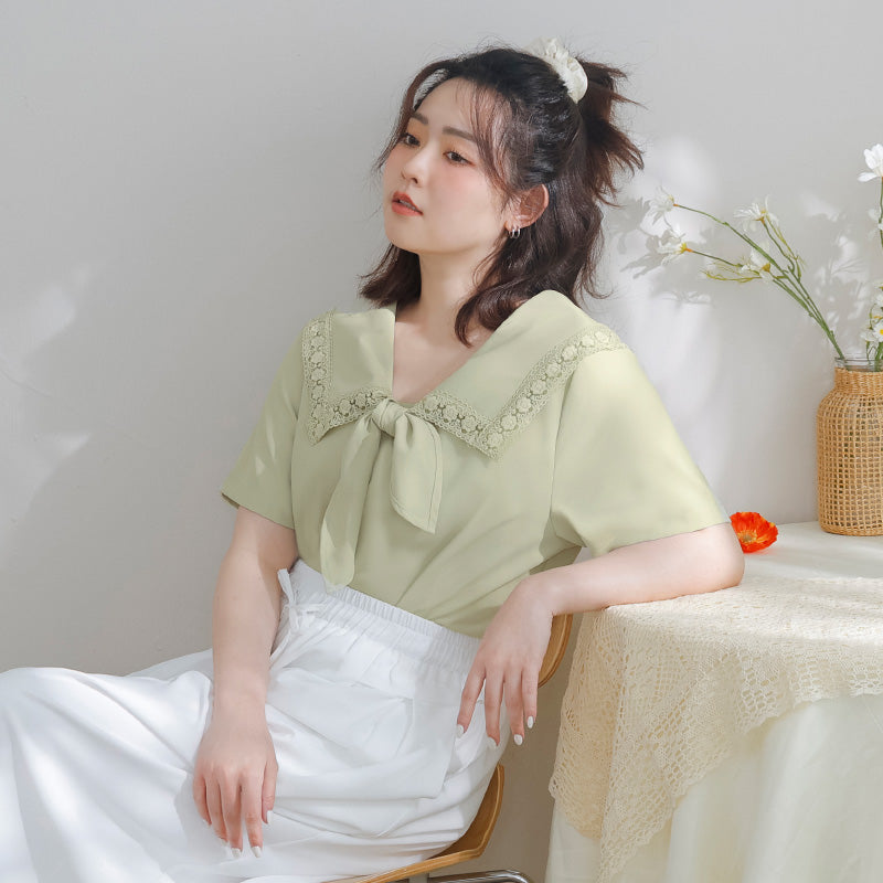 Japanese Style Lace Sailor Collar Tie Plus Size Top Blouse