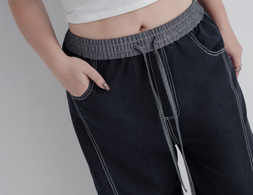 MUA! Color-Block Stitch Elastic Waist Plus Size Tapered Jeans