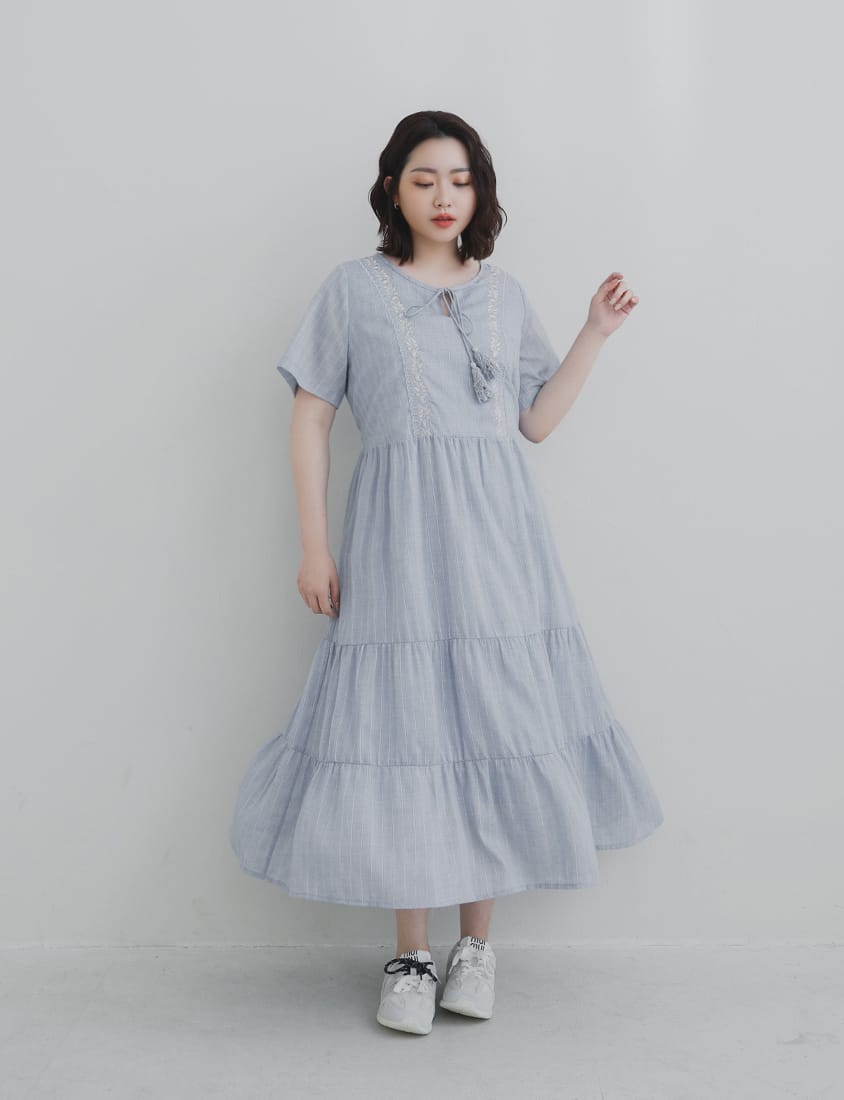 Boho Jacquard Embroidered Plus-Size Maxi Dress (with Waist Tie)