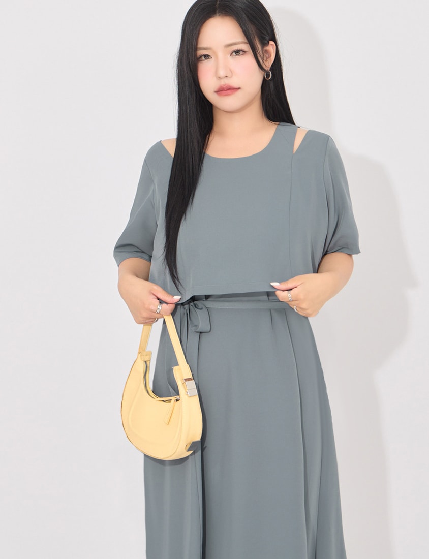 MORE U Wrinkle-Resistant Faux Two-Piece Eyelet Plus Size Dress (with Waist-Tie)